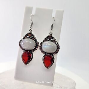 Rainbow Moonstone Garnet Handmade Drop Dangle Earrings Jewelry 2.25"
